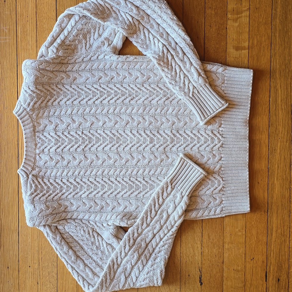 Evereve Alexis Strong Shoulder Cable Pullover Sweater, Cream, EUC, Women's XS - Picture 2 of 14